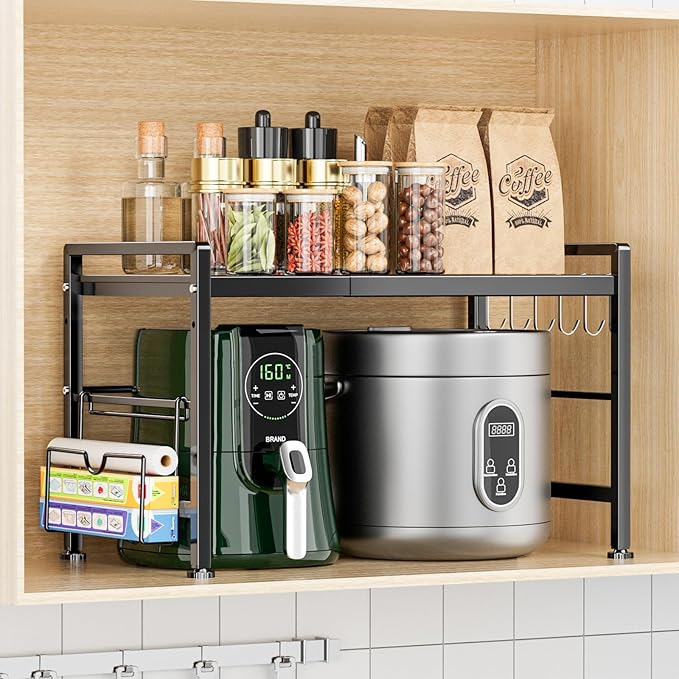 YIUKEA Extendable Microwave Oven Rack - Adjustable Kitchen counter shelf, 2 Tier Microwave Stand (L15.7~23.6" xW12.8 xH17.7) with 6 Hooks for Kitchen Countertop Organizer (Black)