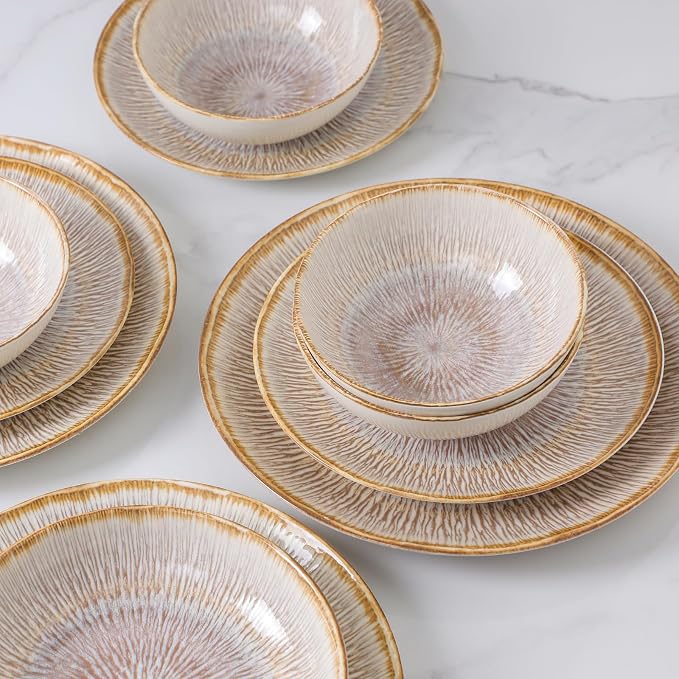 DOMICREVERY Ceramic Dinnerware Sets for 4, 12 pcs plates and Bowls Sets, Bloom