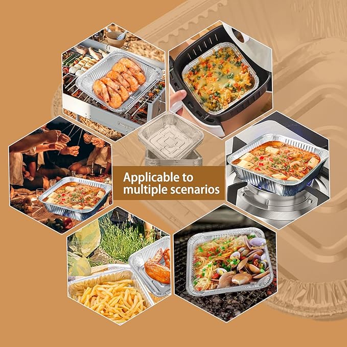 Non-Stick Disposable Air Fryer Aluminum Foil Liners Square 50PCS, Oil-Proof Aluminum Foil Tin Box Also for Steamer Basket Instant Pot Oven & Grill (9 * 9 Inch-Square)