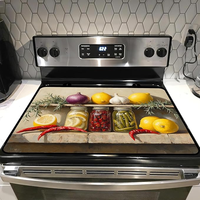 Glass Stove top Cover 28"x 20", Stove Top Covers for Electric Stove, Flat Range Mat for Glass Cooktop, Kitchen Heat-Resistant Protector Non-Slip Drying Mat (Foods Oil Painting)