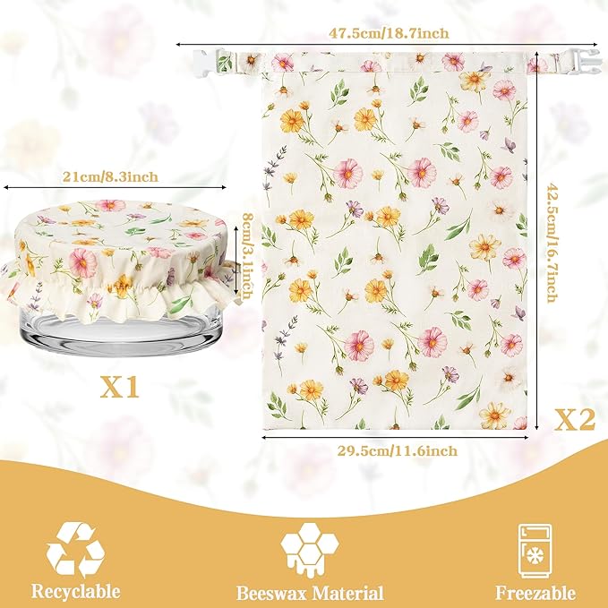 Reusable Beeswax Bread Bags - 3 Pack Bees Wax Food Bag, Homemade Sourdough Bread Storage with Bowl Cover, Linen Cotton Large Beeswax Freezer Container for Home Kitchen (Watercolor Flowers)