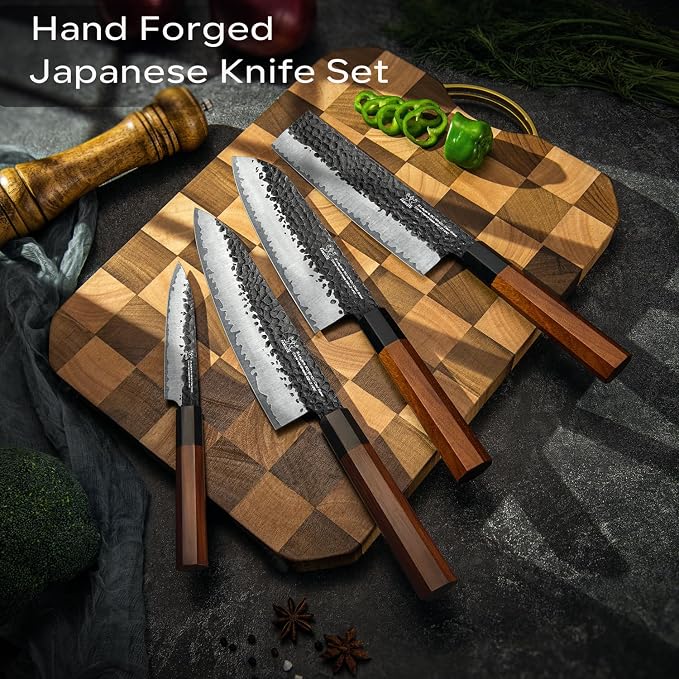 FAMCüTE Japanese Knife Block Set, Hand Forged 5-Layer 9CR18MOV Clad Steel Ultra Sharp Kitchen Knives with Wooden Storage & Rosewood Handle, Includes Chef, Santoku, Nakiri, Fruit Knife for Home Mom/Dad | Hand Forged 5-Layer 9CR18MOV Clad Steel Chef Kniv...