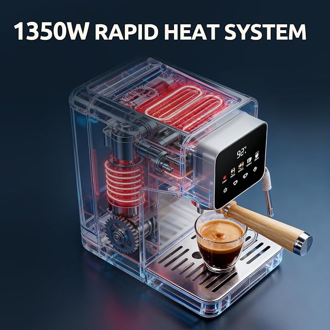 Touchscreen Espresso Machine with Steam Wand, 40.6oz Water Tank | Milk Frother for Cappuccino, Latte, Compact Design, Quick Thermoblock Heating System, 40.6oz Removable Water Tank