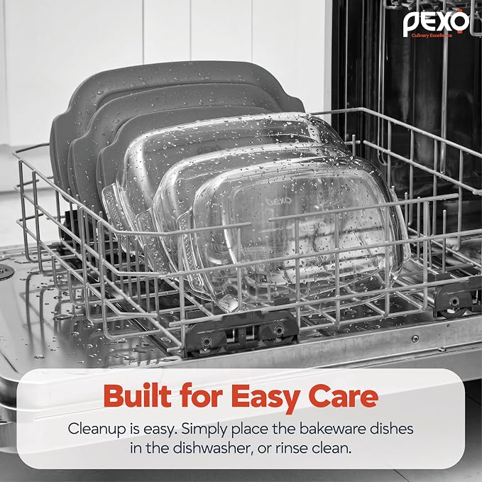 PEXO 6-Piece Glass Baking Dishes with Lids, Clear Glass Bakeware with Silicone Handles, (2.11QT, 3QT, 4.12QT) Casserole Dishes, Oven Dishwasher and Freezer safe, Rectangular Stackable Nesting Baking Dish set (Gray)