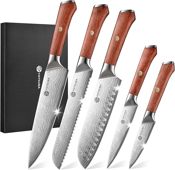 YOTSUBA 5 PCS Kitchen Knife Set, Professional Razor Sharp Japanese Knife Set, High Carbon Stainless Steel Chef Knives With Ergonomic Handle for Meat, Vegetable, Bread & Fruit