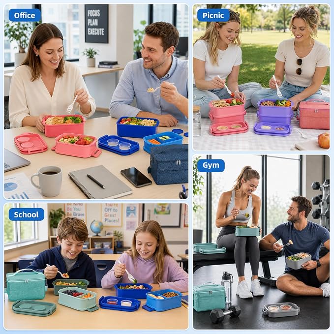 Adults Lunchbox Bento Box with Lunch Bag for Women Men- 74 OZ All-in-One Stackable Lunch Box for Adults Kids Leakproof Bento Large Lunch Box Containers with Fork Spoon Sauce Box for Work School (Blue)