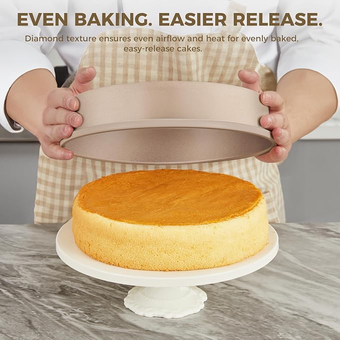 HONGBAKE Nonstick Ceramic 9 Inch Round Cake Pan Set of 2, Heavy-Duty Aluminized Steel Round Cake Pans with Diamond Texture, Non-Toxic Cake Molds, Cake Pans 9 Inch Round for Baking Cheesecake, Gold