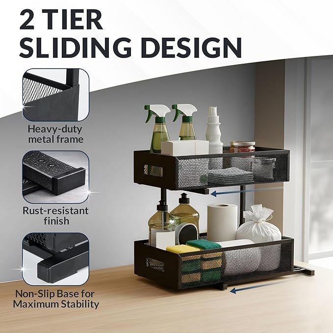 Under Sink Organizer Set of 2, Heavy Duty Matte Black Metal Cabinet Organizer with Retractable Shelves, Adjustable Height, Expandable Storage for Kitchen Bathroom and Laundry Room