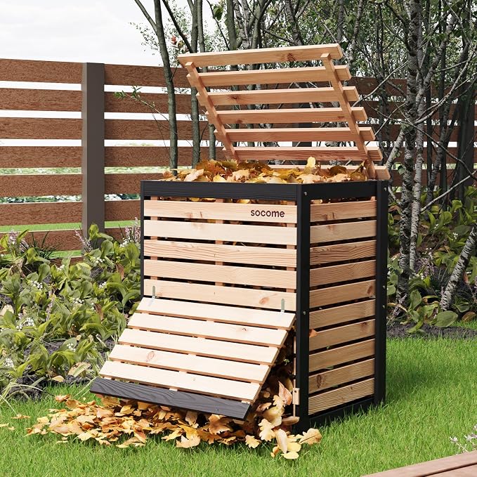 95 Gallon Solid Wood Composter, Outdoor Compost Bin with Pull-Out Door, Large Composting Bin for Backyard, Garden, Patio, Natural