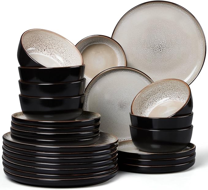 LIANYU Dinnerware Plates and Bowls for 8, 24 Piece Stoneware Dishes Set, Dishwasher and Microwave Safe Ceramic Dinning Ware Set, Include Dinner Salad Plates and Cereal Bowls, Tidal Khaki