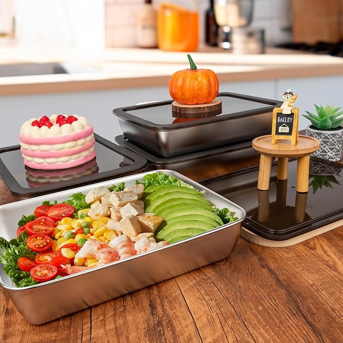 6 PCS Stainless Steel Food Storage Containers with lids,2.16 Inch Deep, 8x10 Inch Stainless Steel Oven plate, Metal Roasting Pan for Meal Prep、Meat, Rustproof & Heavy, Freezer & Dishwasher Safe