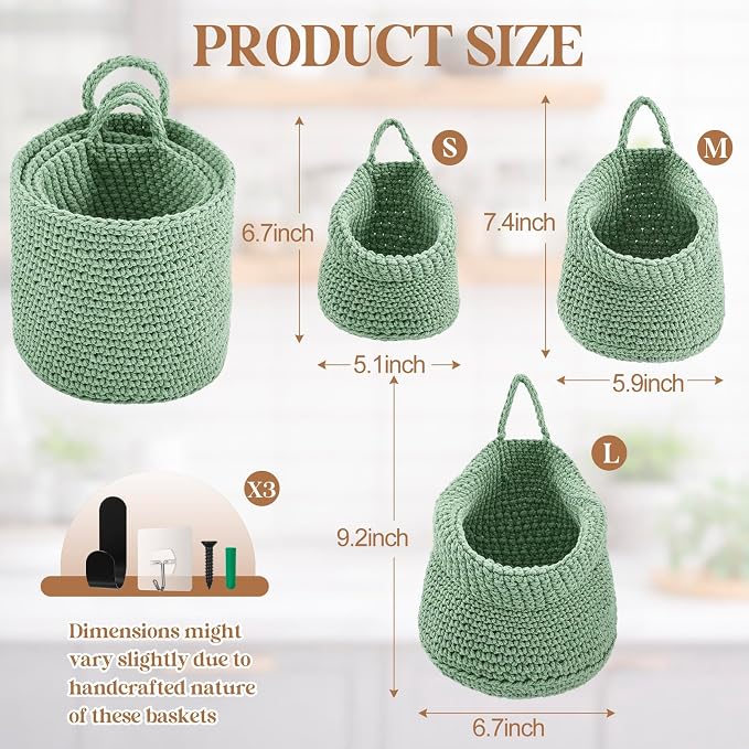 Honeydak Boho Decor Hanging Wall Baskets for Kitchen 3 Pack Teardrop Baskets with Hooks Storage Fruit Onion Vegetable Potato for Home 3 Sizes (Sage Green,Barrel,Cotton Rope)