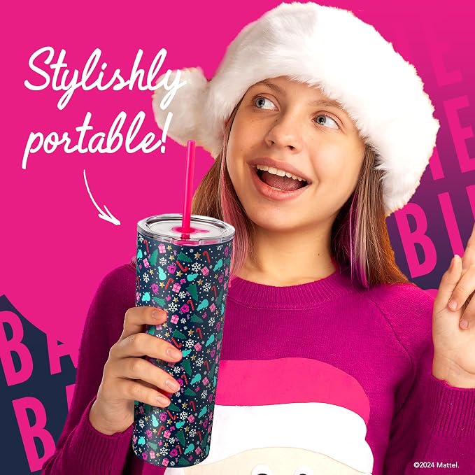 Dragon Glassware x Barbie Vacuum Insulated Tumbler, 24 oz - Christmas | Stainless Steel Tumbler with Straw & Lid; Double Walled Barbie Tumbler; Fits Cup Holders; Official Barbie Merch