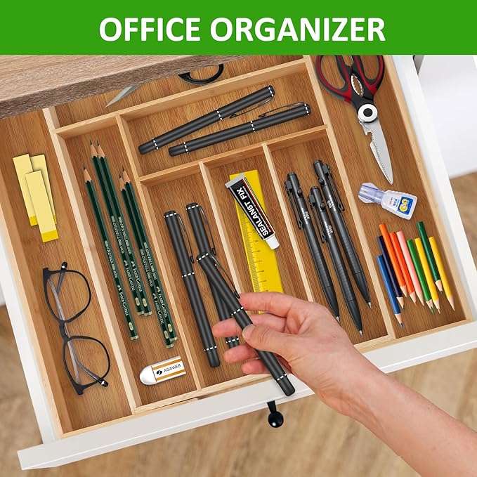 large Expandable Silverware Drawer Organizer - Bamboo Kitchen Organizers and Storage, Adjustable Silverware Organizer, Utensil Drawer Organizer for Kitchen Organization (6-8 Slots)