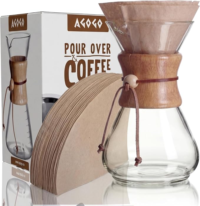 AGOGO Pour Over Coffee Maker Glass with 50pcs Paper Filters -for Home, Office, Camping, Cafes - Easy Clean Coffee Dripper Set (Soft Towel&Brush)(28oz Slim Shape w/Paper Filters)