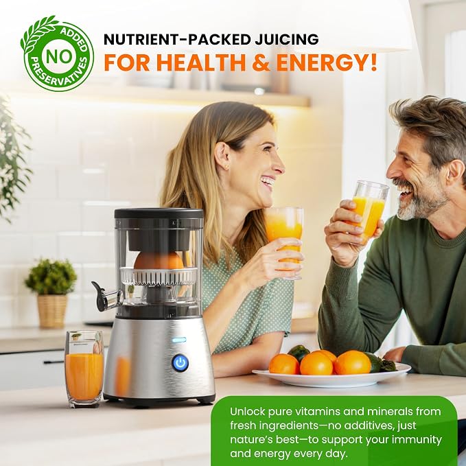 Eurolux Electric Citrus Juicer Stainless Steel | Premium Hands-Free One-Touch Orange Juice Squeezer for Oranges, Lemons, and Limes | Quiet Operation, Easy to Clean, Countertop Small Kitchen Appliance