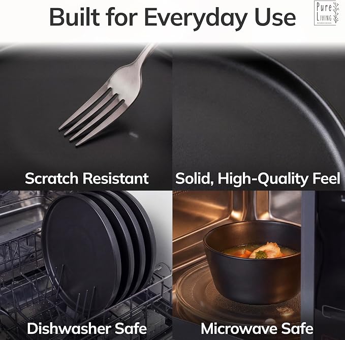 Stoneware dinnerware set 4 persons 12 pcs – Matte black plates and bowls set – Dishwasher, microwave and scratch resistant – Bowl and plate set – Dinner service Pure Living