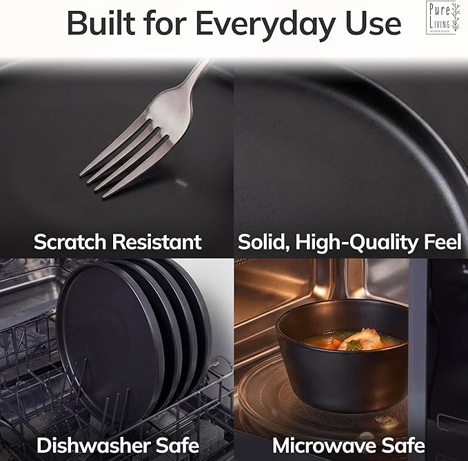 24 Piece Black Dinnerware Set for 8 | Matte Black Plates and Bowls Sets, Modern Stoneware Black Dishes Set | Scratch Resistant, Dishwasher & Microwave Safe | Matte Black Finish Ultra-Chic & Modern