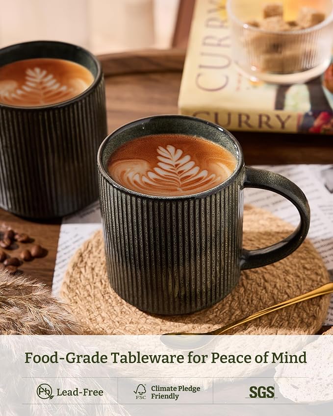 famiware Coffee Mug Set for 6, Star 16 oz Catering Mugs Cup Set with Handle for Coffee, Tea, Cocoa, Milk - Ceramic Stoneware Drinkware Set, Deep Forest