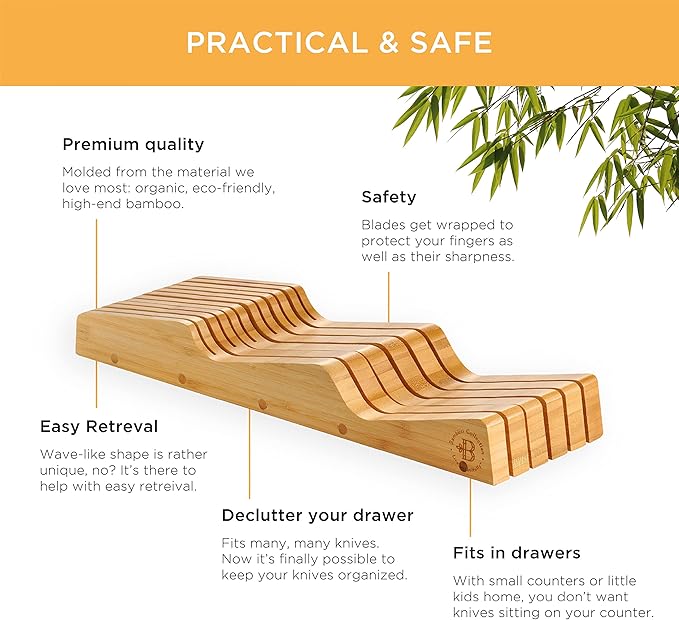 Knife Block Drawer Organizer - Bamboo Knife Drawer Organizer Insert for Kitchen Drawer, In Drawer Knife Holder, 16 Slot Drawer Knife Block, Drawer Knife Organizer, Knife Storage Organizer for Drawer