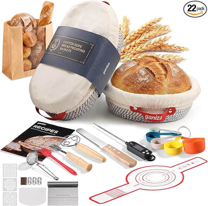 Ganiza 22-Piece Sourdough Proofing Basket Gift Set, Natural Cotton Rope | 9'' Round & 10'' Oval Banneton Basket with Liners & Covers, Easy to Clean, Sourdough Starter Kit with Recipe for Bread Baker