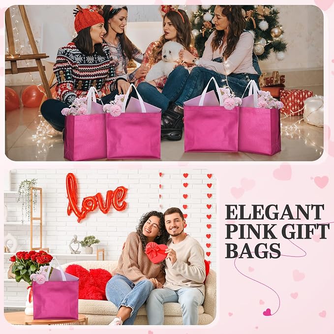 Eccliy Reusable Gift Bags Set Glossy Grocery Gift Tote Bag with Handle for Wedding, Bridal Shower, 4th of July, Summer Event(12 x 11 x 4.7 I Inch,Hot Pink,80 Pcs)
