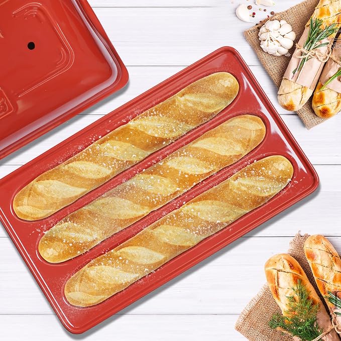 Techni Edge French Bread Baking Pan, Nonstick Baguette Bread Pan with Lid, 3 Slot Ceramic Baguette Mold, Heating Evenly, Crispy Crusts, Easy To Release for Sourdough Italian Loaf