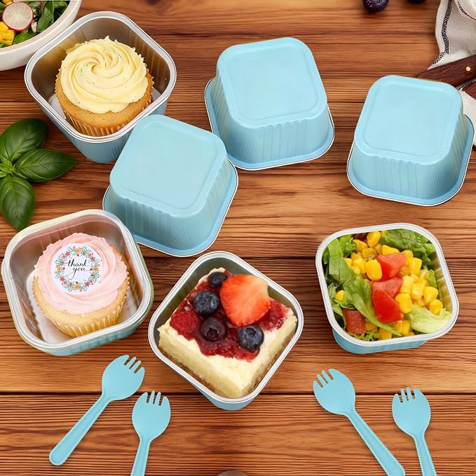 20 Pack 10oz Mini Cake Pans With Lids, Aluminum Foil Square Brownie Baking Cups,Disposable 4”x4” Large Cupcake Pan,Jumbo Muffin Tin Ramekins Holders-Blue