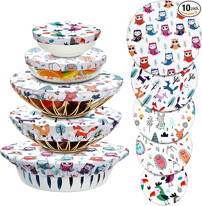 Patelai 10 Pcs Bowl Covers Reusable in 5 Size Stretch Cloth Fabric Elastic Food Storage Bowl Covers Bread Sourdough Lids for Proofing Food Fruits Leftover(Multicolor,Cute Style)