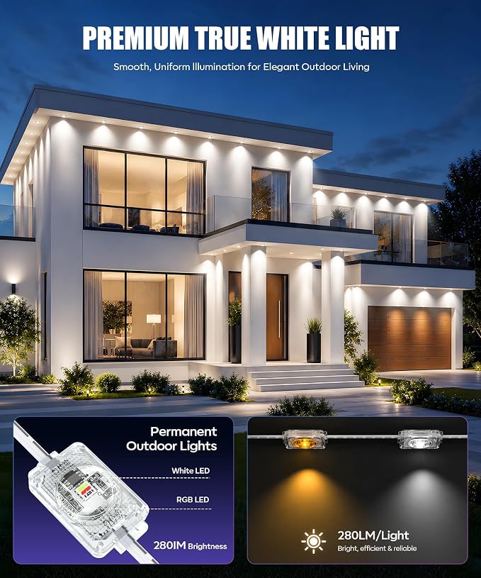 POOFZY Permanent Outdoor Lights 100FT, RGBIC Smart Outdoor Lights for House, App & Voice Control, Waterproof Outdoor Eave Lights for Christmas Holiday Patio Yard Decor