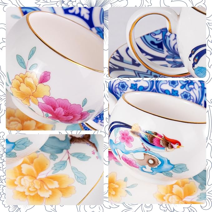 KAMMAK Tea Cups and Saucers Set of 2, Fine Bone China Coffee Cups, Stackable Espresso Mugs, Ceramic Demitasse for Coffee, Cappuccino, Latte, Americano, Tea, Blueprint of Prosperity (Medium)
