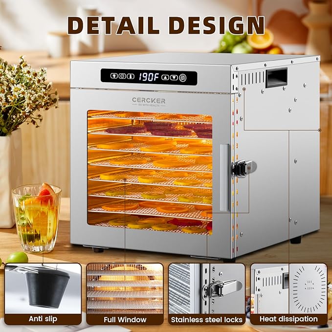 Food-Dehydrator Machine 9 Stainless Steel Trays, 1000W Fruit Dehydrator,7.7ft² Meat Dryer for Jerky,190ºF Temperature Control,24H Timer Dryer Machine for Herbs,Beef