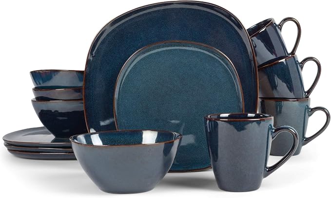 Elanze Designs 16-Piece Modern Luxury Chic Smooth Vintage Handmade Shape High Gloss Ceramic Stoneware Square Plate Mug & Bowl Kitchen Dinnerware 16 Piece Set - Service for 4, Navy Blue