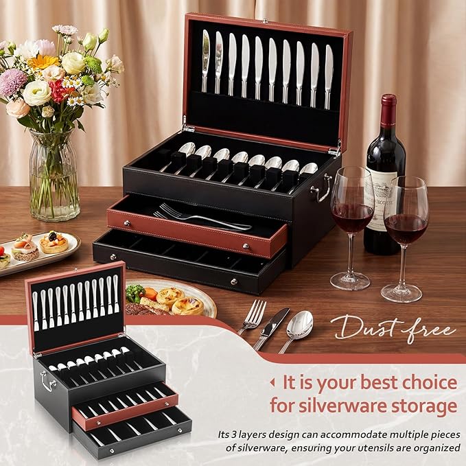 DoubleFill 3 Layer Leather Silverware Storage Box with Lid and Handles, Anti Tarnish Silverware Storage Chest Case with Felt-lined for 12-16 or More Sets of Utensils Flatware Gifts, 15.3x11.2x9 Inch