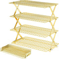 BEWOS 4 Tier Collapsible Cooling Rack - Adjustable Stainless Steel Baking Rack with Mesh Leak Proof，Foldable X-Shaped Structure Cooling Racks for Cooking and Baking, Dishwasher Safe（Gold）
