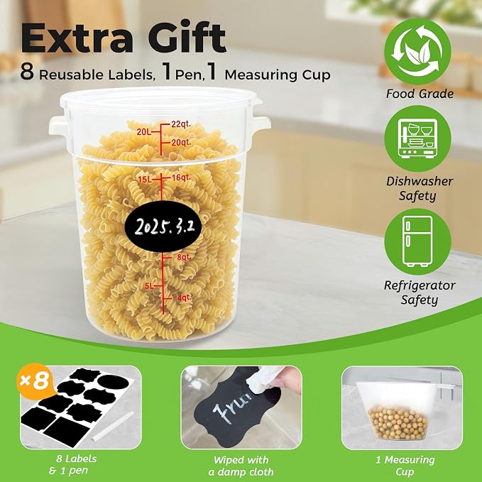 BIEAMA 4 Pack 22 Qt Round Food Storage Containers with Lids, Translucent PP | Include lids, labels, measuring cups and containers with capacity markings for food prep, pantry storage and dough proofing.