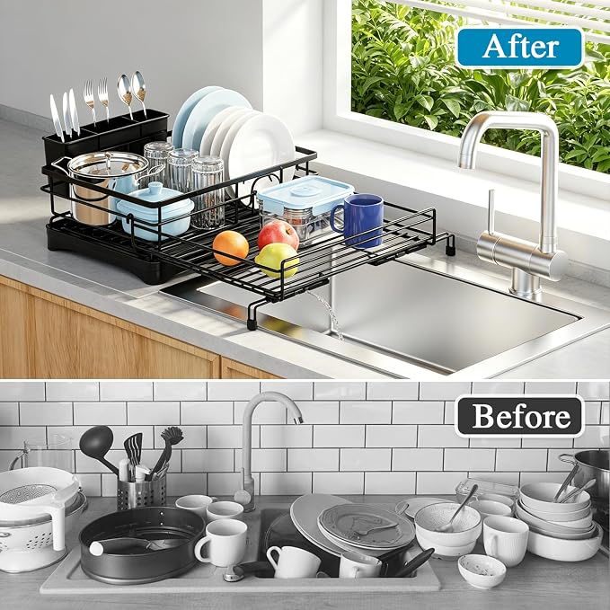 Expandable Dish Drying Rack for Kitchen Counter, Large Capacity Dish Rack with 360° Rotatable Drain Spout & Utensil Holder, Stainless Steel Dish Drainer for Kitchen Sink, Black