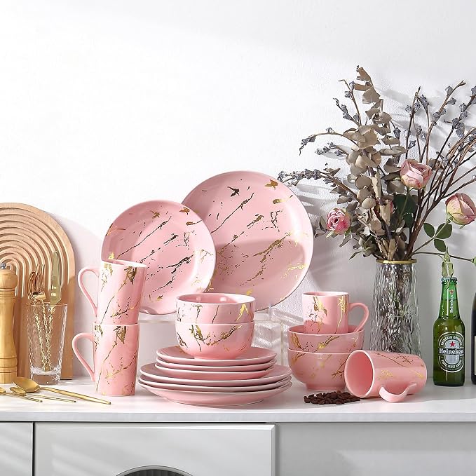 Pink Marble Dinnerware Set for 4, 16-Piece Porcelain Plates and Bowls Set with Gold Trim, Modern Ceramic Dish Set for Home Dining and Gifts