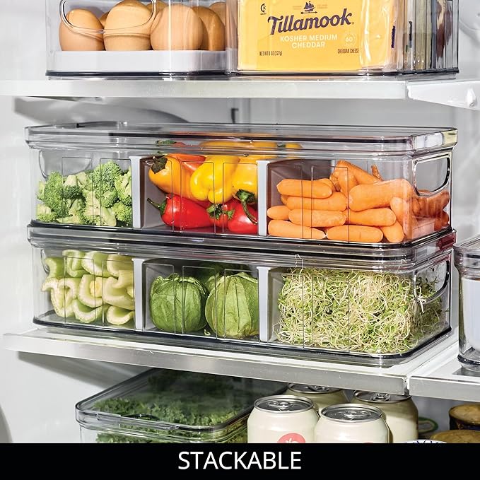 iDesign Recycled Plastic Crisp Large Divided Fruit and Vegetable Storage with Easy to Grip Integrated Handles Designed to Keep Food Fresh Longer, 14. 82" x 6. 32" x 3. 76"