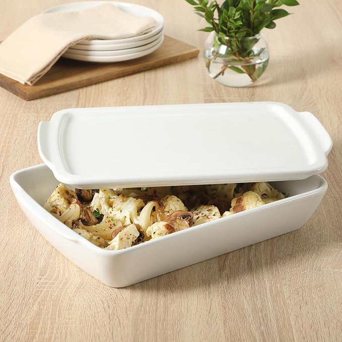 Gibson Home Gracious Dining 2.6-Qt White Stoneware Covered Baking Dish w/Multi-Purpose Lid – 12.7" x 9" Rectangular Oven Safe Casserole, Lasagna & Roasting Baker, Lid Doubles as Serveware or Trivet