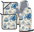 Sea Octopus Compass Oven Mitts and Pot Holders Sets 4Pcs Silicone Non-Slip Mitts Heat Resistant Gloves Hot Pads for Kitchen Cooking Baking Grilling BBQ