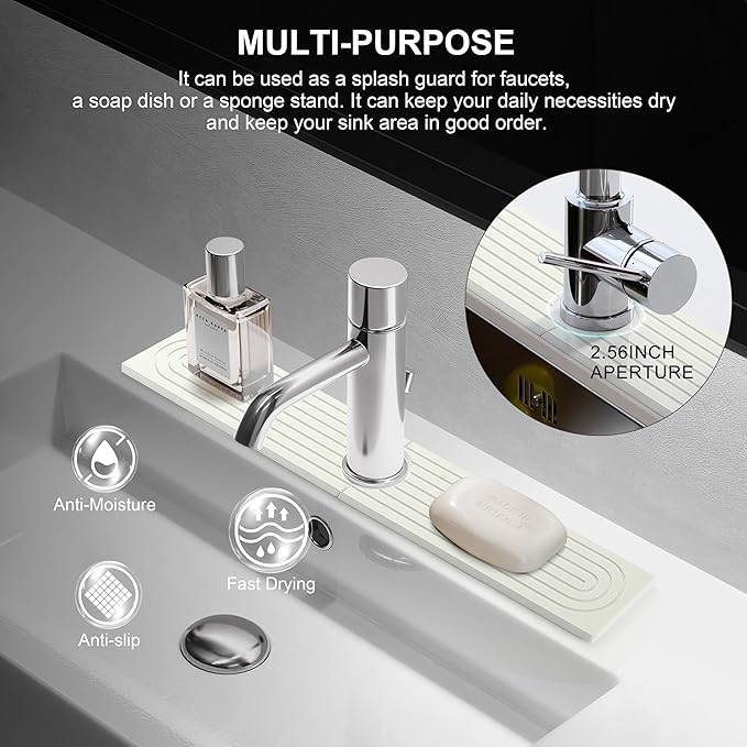 Faucet Mat for Kitchen Sink, Diatomite Fast Drying Stone Sink Tray, Super Absorbent, Prevents Moisture Buildup - Faucet Splash Guard for Bathroom Counter, Kitchen [White, 23.6" x 3.9"]