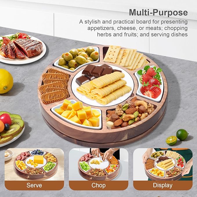 360° Rotating Lazy Susan Cheese & Charcuterie Board Set - 13.5" Acacia with Built-in Slate Chiller, 3 Ceramic Bowls & 2 Cheese Knives - Housewarming, Birthday & Wedding Gift