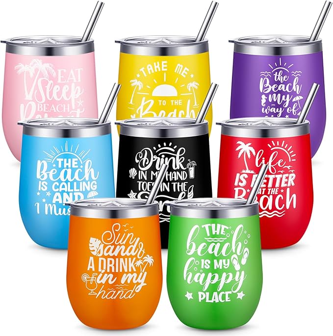 Sliner 8 Pcs Beach Girls Trip Wine Tumbler with Lids Summer Beach Travel Gifts 12oz Stainless Steel Wine Cups for Girls Women Weekend Trip Vacation Cruise Seaside Gifts