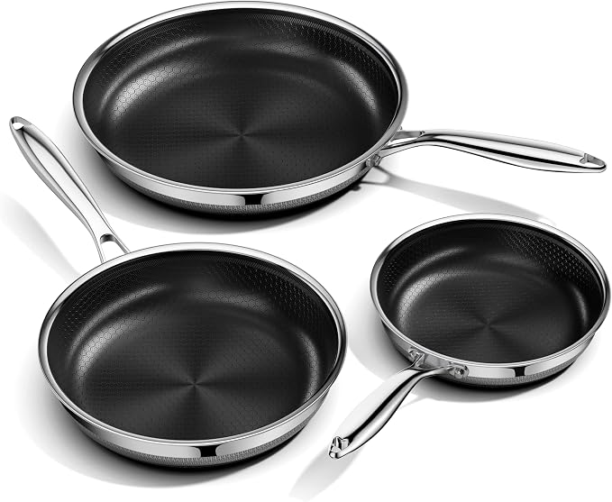 Innerwell Tri-Ply Stainless Steel Non stick Frying Pans Set | Ceramic physical nonstick， PFAS/PFOA/PTFE free, Compatible with All Cooktops, durable for daily cooking