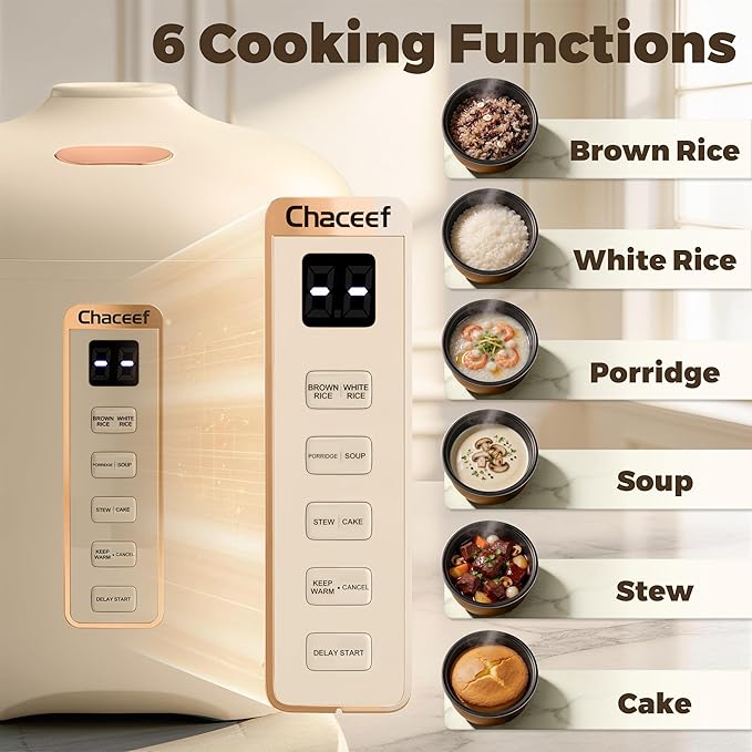 CHACEEF Mini Rice Cooker 2 Cups Uncooked, 1.2L Rice Cooker Small, Portable Non-Stick Small Travel Rice Maker, BPA Free, Smart Control Multifunction Cooker with 24 Hours Timer Delay & Keep Warm Function, Beige