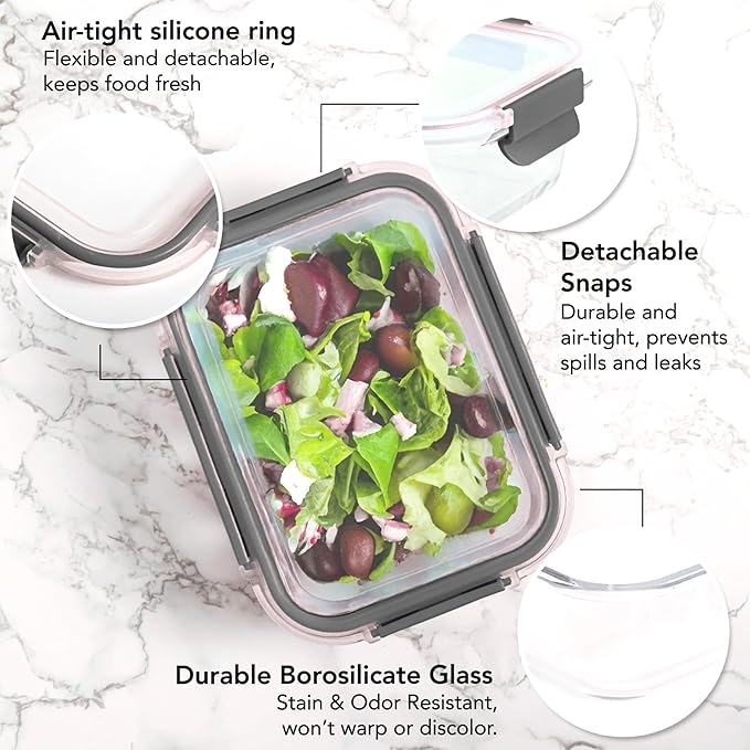 ECOBERI 4.5 Cup Glass Meal Prep Containers with Lids & Silicone Sleeves, 5-Pack Airtight, Leak-Resistant Food Storage Containers for Fridge, Freezer, Oven & Microwave