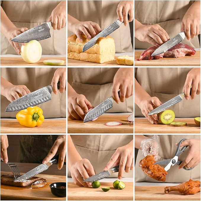Damascus Knife Set with Block, 16-Piece VG10 67-Layer Steel Kitchen Knives | 16-piece premium Damascus kitchen knife set with VG10 steel core, 67 layers, wood block, and triple-rivet handles