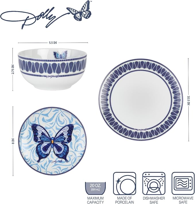 Dolly Parton 12 Piece Jeweled Mosaic Blue Butterfly Dinnerware Set Porcelain Dinner Plates Salad Plates Bowls, Service for 4, Microwave Dishwasher Safe