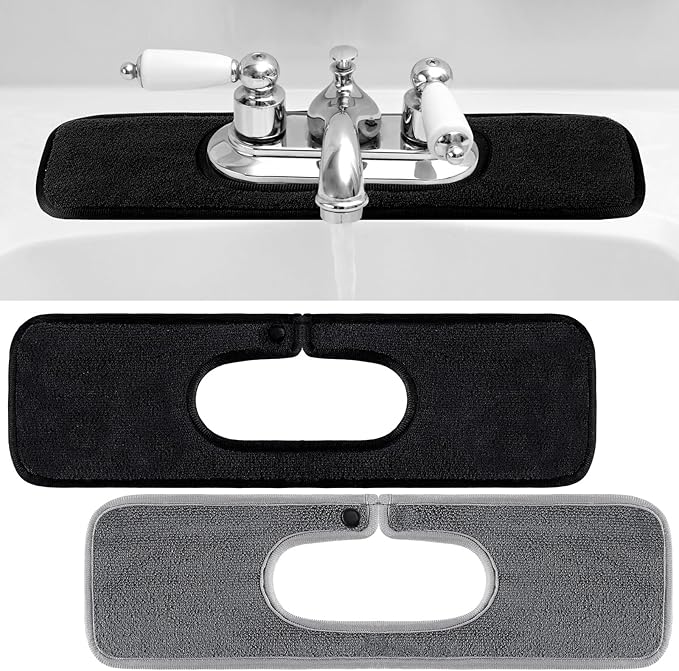 Teenyyou 2 Pcs Faucet Mat for Kitchen Sink Splash Guard for Kitchen Sink Faucet Dish Drying Mat for Bathroom Sponge Holder (Gray and Black,1 Oval Hole)